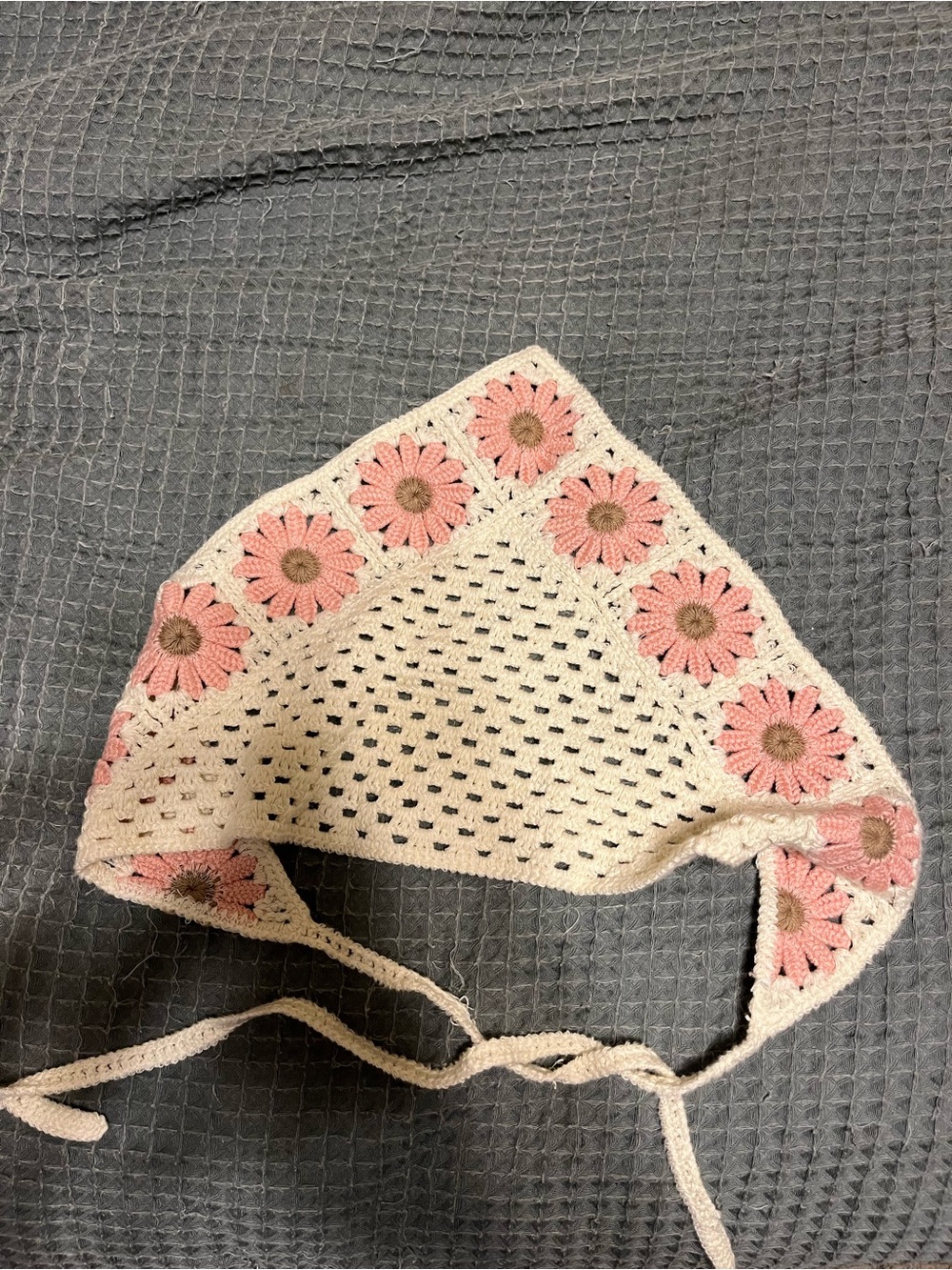 Handmade Crochet Triangle Neck Scarf - Cream with Pink Floral Accent - Picture 2 of 3